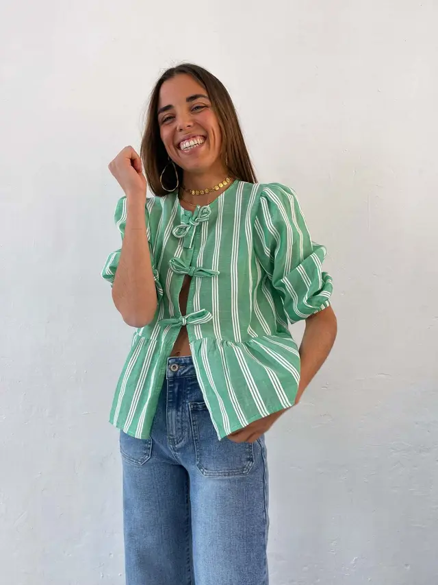 Striped Women's Top Tether Loose Pleated Shirt Green - Shop at LoveMi