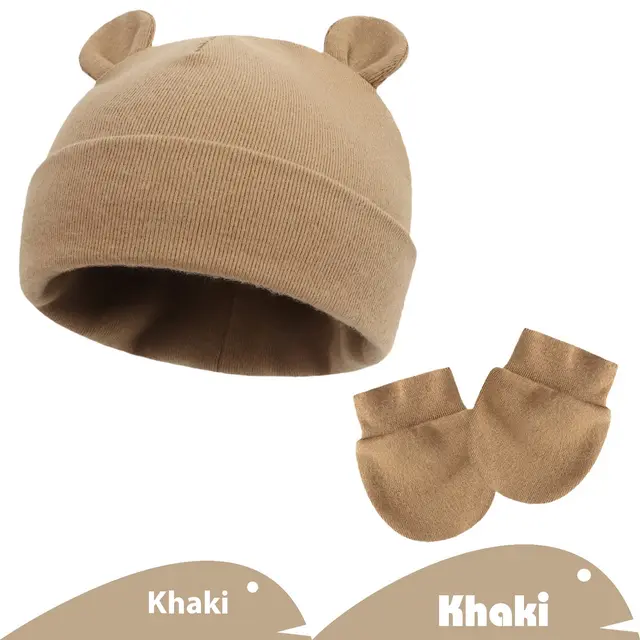 Newborn Gloves Hat Two piece Set Keep Baby Warm Cashmere Thickened Khaki - Shop at LoveMi