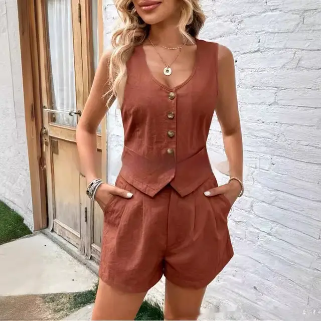 Solid Color And V neck Sleeveless Two piece Suit Wine Red - Shop at LoveMi