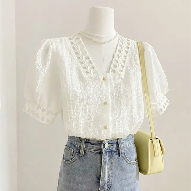 Design Sense Niche Lace Sweet Chic French Puff Sleeve Top White - Shop at LoveMi