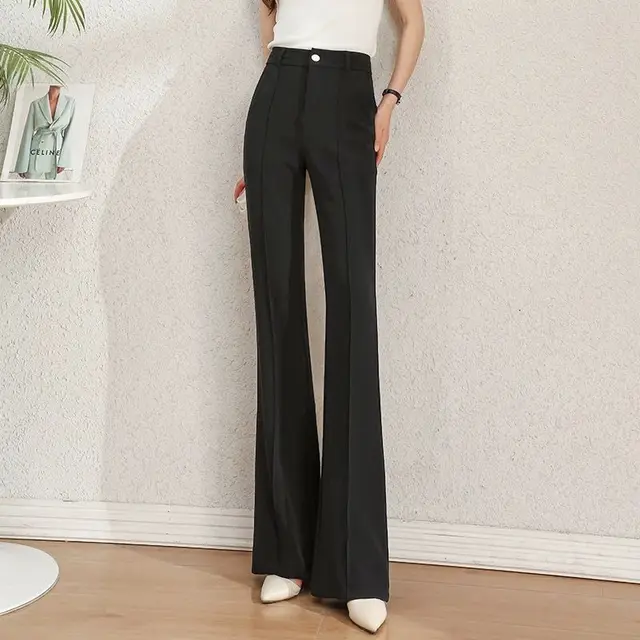New High Waist Slimming White Casual Straight leg Suit Pants For Women Black Middle Line - Shop at LoveMi