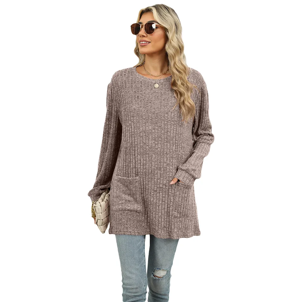 Casual Round Neck Pocket T shirt Puff Sleeve Loose Top Coffee - Shop at LoveMi