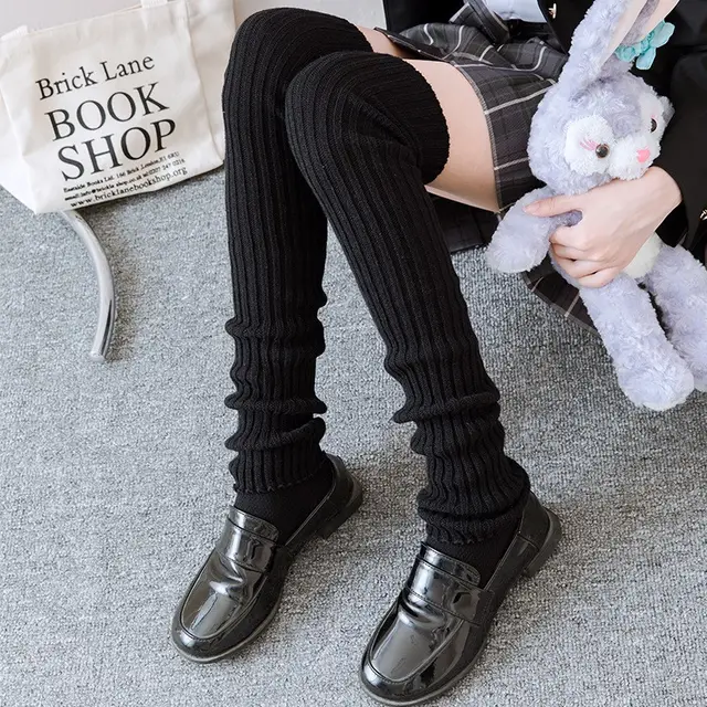 Solid Color Knitted Socks Stockings 70Cm Black - Shop at LoveMi