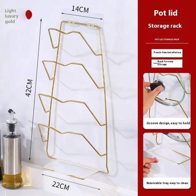 Stainless Steel Pot Cover Rack Punch free Wall mounted 4 Golden Frame - Shop at LoveMi