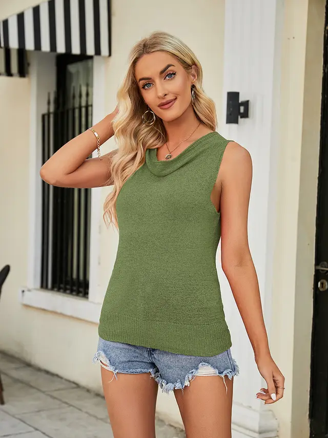 Women's Sleeveless Blouse Pile Collar Pullover Thin Sweater Vest Green - Shop at LoveMi