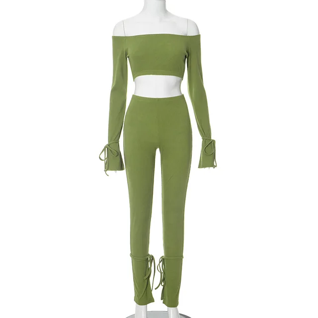 Women's Clothing Sexy Off the shoulder Midriff baring Long Sleeve Top High Waist Trousers Lace Up Suit Army Green - Shop at LoveMi