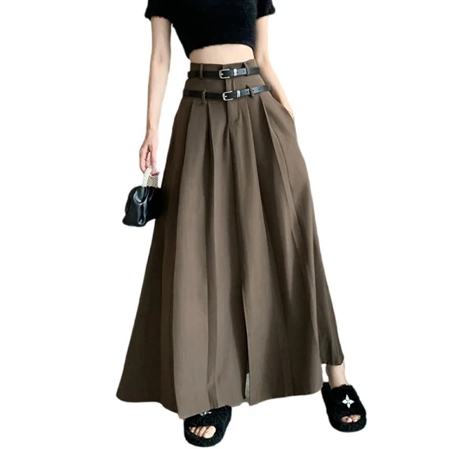 Ladies New High Waist Slimming Pleated Skirt Brown - Shop at LoveMi