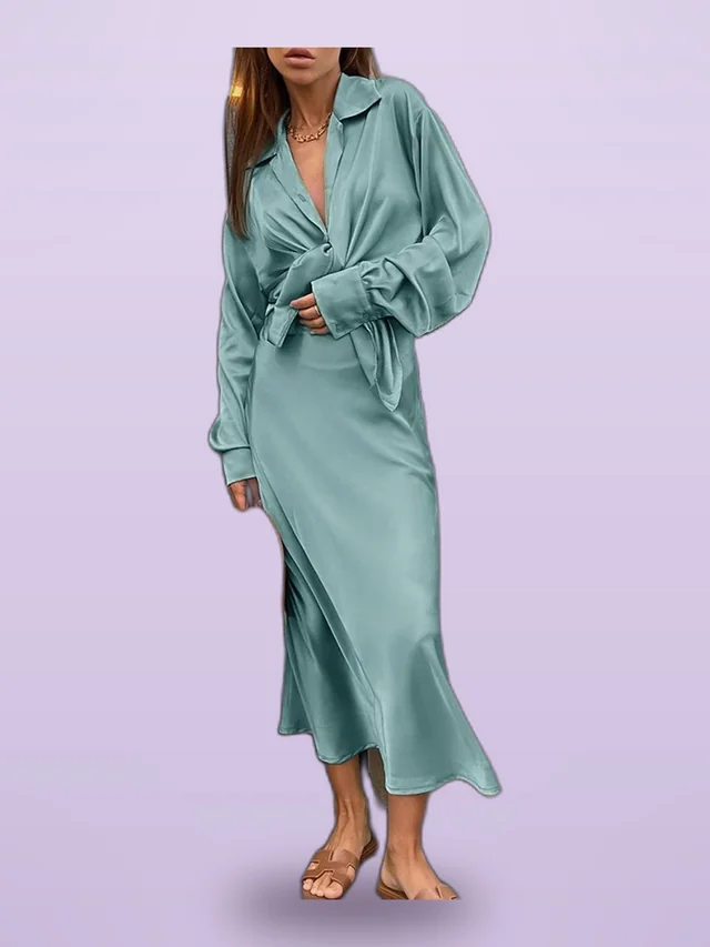 French Satin Suit Collar Top High Waist Fishtail Skirt Two piece Suit Cyan - Shop at LoveMi