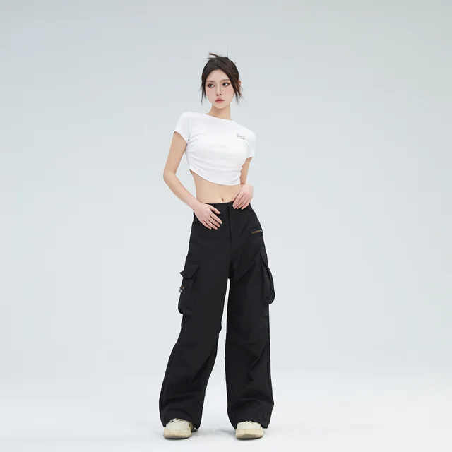 Personalized Pleated Large Pocket High Waist American Overalls For Women Black - Shop at LoveMi