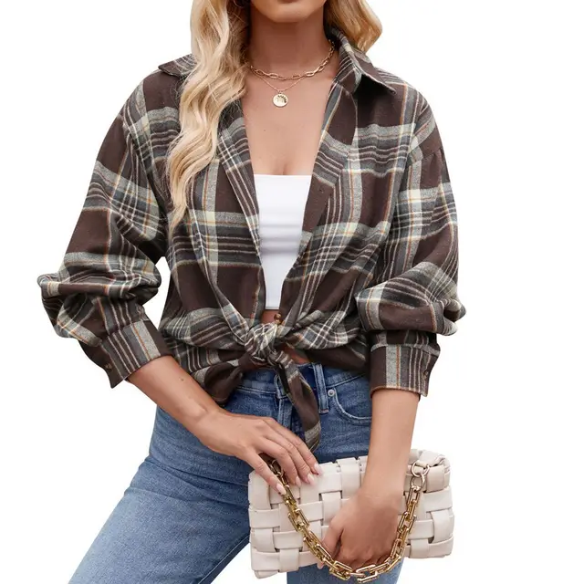 Casual Fashion Street Loose Plaid Shirt For Women Dark Brown - Shop at LoveMi
