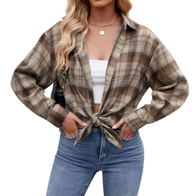 Casual Fashion Street Loose Plaid Shirt For Women Khaki - Shop at LoveMi
