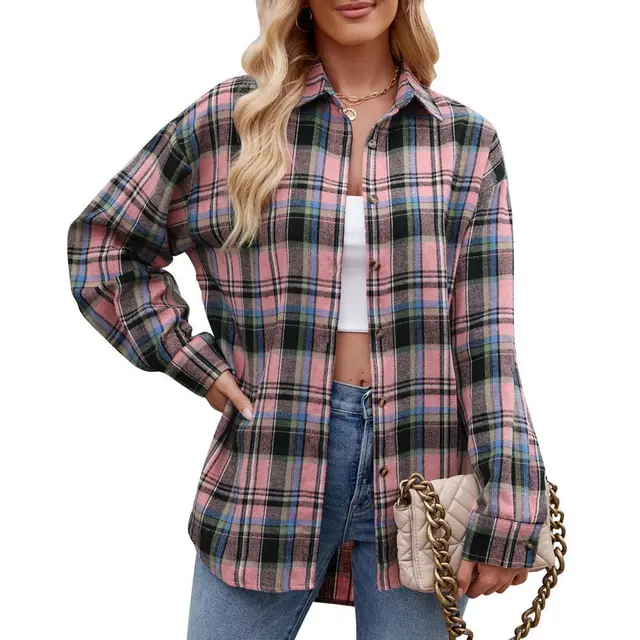 Casual Fashion Street Loose Plaid Shirt For Women Pink - Shop at LoveMi