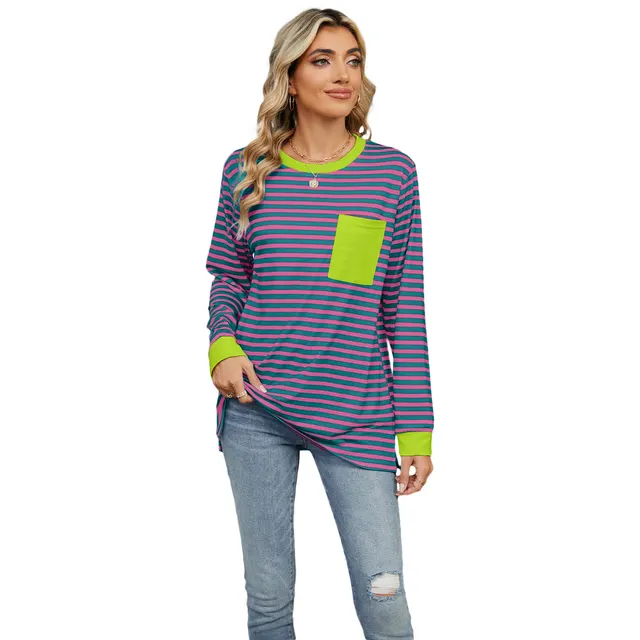 Women's Round Neck Pocket Split Upper Clothes Long Sleeves T shirt Rose Green Stripe - Shop at LoveMi