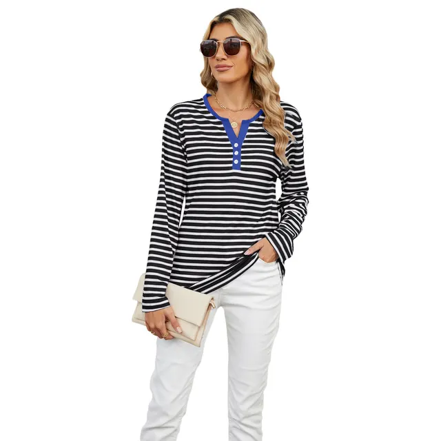 Women's V neck Striped Loose Long sleeved T shirt Top Black And White Stripes - Shop at LoveMi