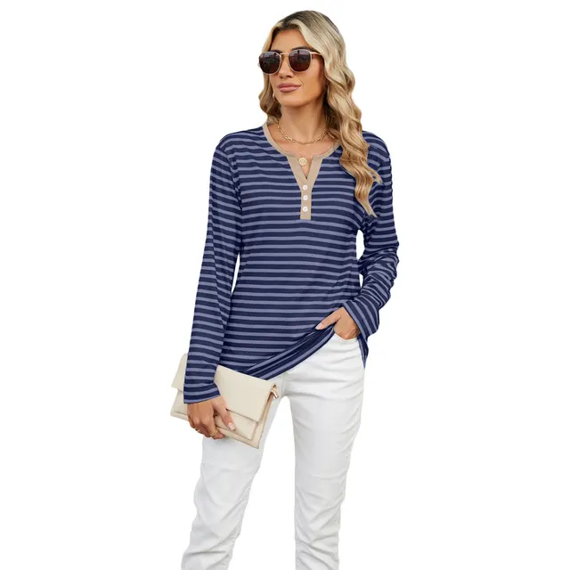Women's V neck Striped Loose Long sleeved T shirt Top Dark Blue Stripe - Shop at LoveMi