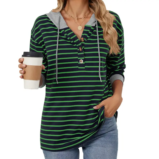 Striped Color Contrast Patchwork Hooded Long Sleeve Loose Sweatshirt Women Navy Blue - Shop at LoveMi