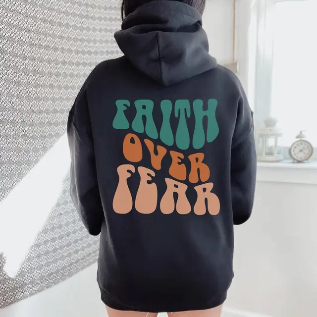 Faith Over Fear Women's Letter Kangaroo Pocket Drawstring Printed Hoodie 2Style Black - Shop at LoveMi