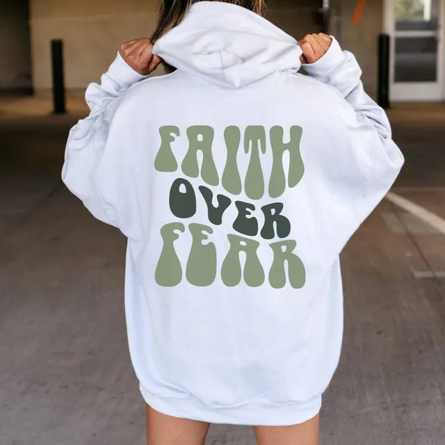 Faith Over Fear Women's Letter Kangaroo Pocket Drawstring Printed Hoodie White - Shop at LoveMi