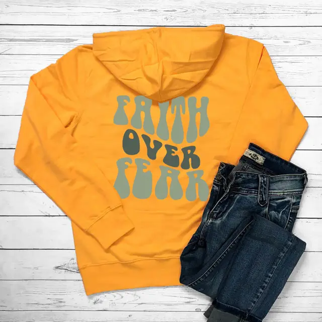 Faith Over Fear Women's Letter Kangaroo Pocket Drawstring Printed Hoodie Yellow - Shop at LoveMi