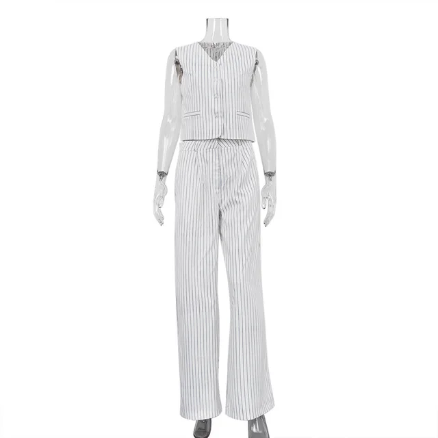 Women's Striped Vest Trousers Casual Wear Temperament Commute Suit White - Shop at LoveMi