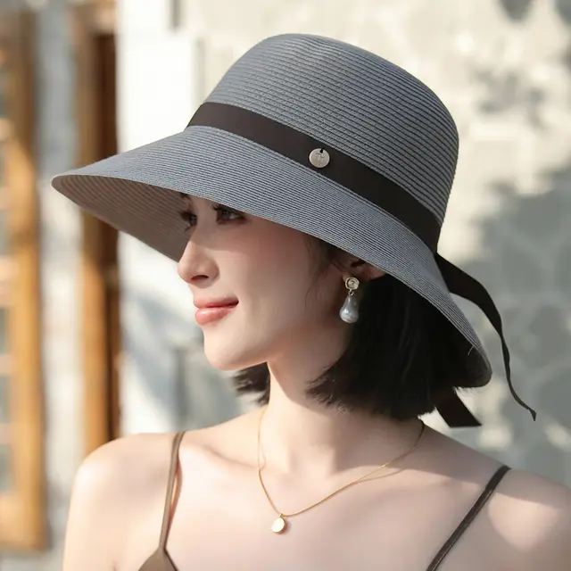 Encrypted Wide Brim Lace up Sun proof Straw Hat Elegant Gray - Shop at LoveMi