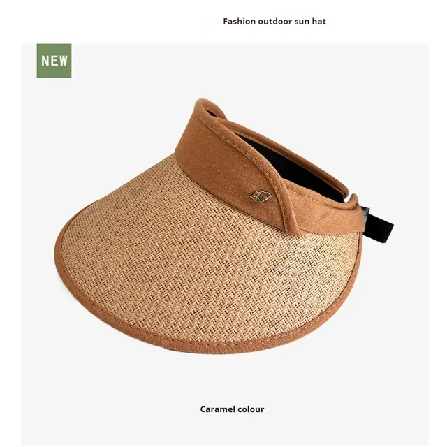 South Korea Encrypted Leaf Label Topless Straw Hat Wide Brim Face Cover Sun proof Outdoor Caramel - Shop at LoveMi