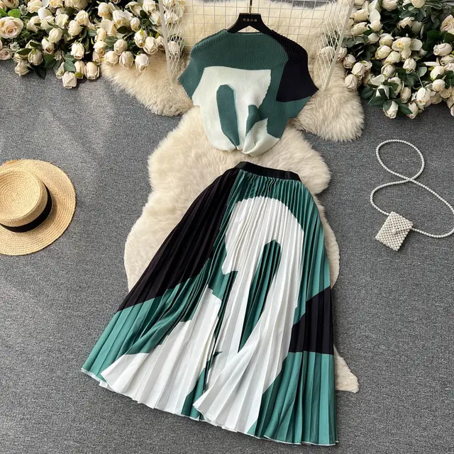 Stretch Short sleeved Top High Waist Pleated Skirt Two piece Set Pattern 16 - Shop at LoveMi