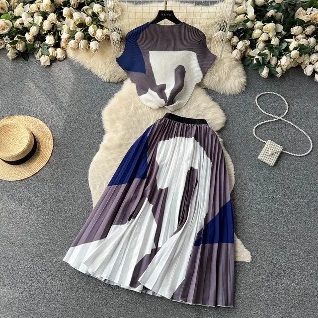 Stretch Short sleeved Top High Waist Pleated Skirt Two piece Set Pattern 17 - Shop at LoveMi