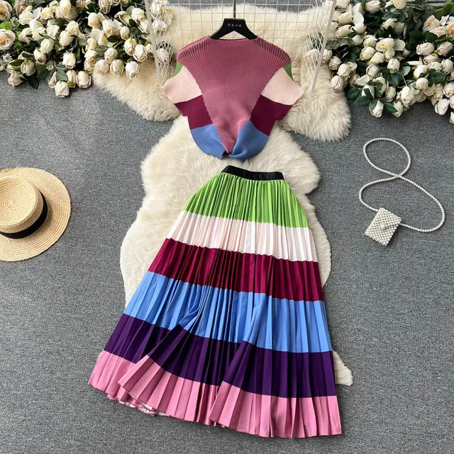 Stretch Short sleeved Top High Waist Pleated Skirt Two piece Set Pattern 18 - Shop at LoveMi