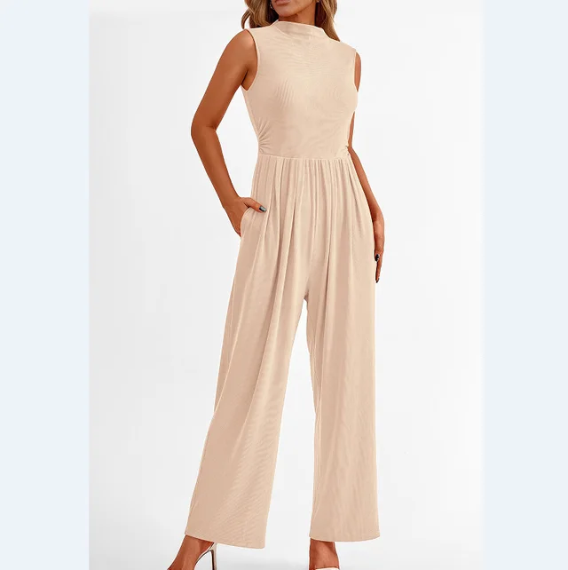 Women's Sleeveless Solid Color Casual Jumpsuit Apricot - Shop at LoveMi