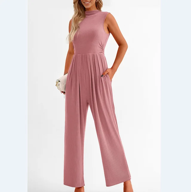 Women's Sleeveless Solid Color Casual Jumpsuit Pink - Shop at LoveMi