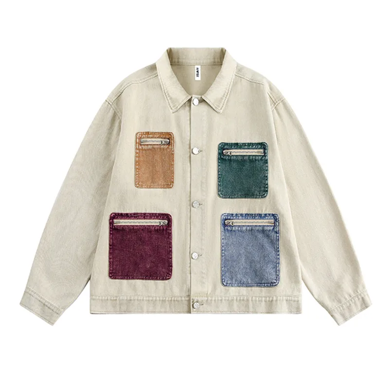 Punk Design Contrast Color Multi pocket Baggy Coat Apricot - Shop at LoveMi