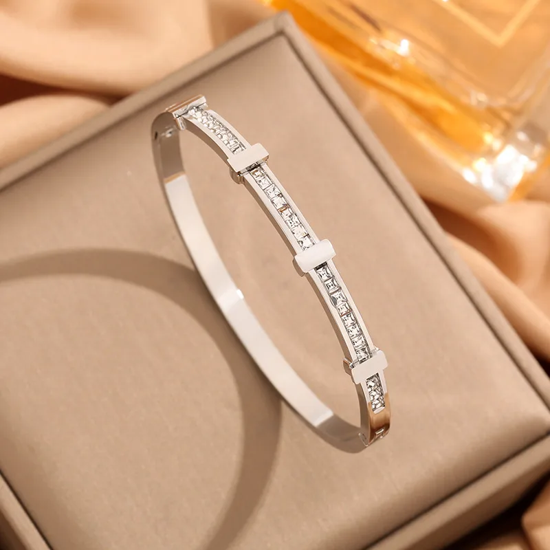 Simple Zircon Double Layer Geometric Open Bracelet - Steel