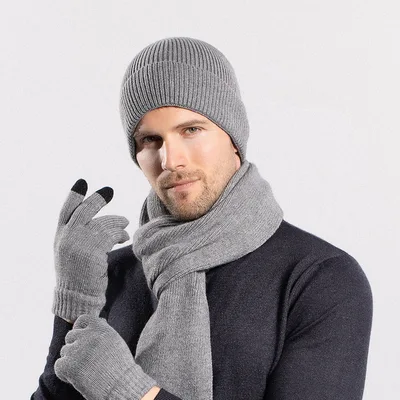 Hat Gloves Scarf Cover Thermal Knitting Outdoor Cycling Suit Gray 3Pcs Set - Shop at LoveMi