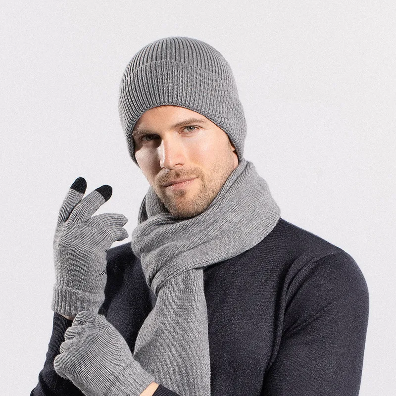 Hat Gloves Scarf Cover Thermal Knitting Outdoor Cycling Suit - Grey 3Pcs Set
