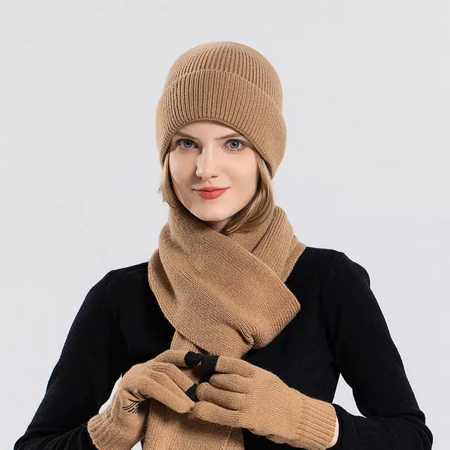 Hat Gloves Scarf Cover Thermal Knitting Outdoor Cycling Suit Khaki 3Pcs Set - Shop at LoveMi