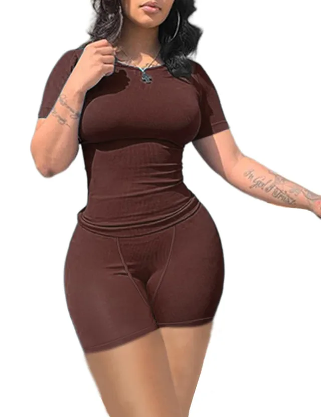Women's Solid Color Slim fit Short sleeved Shorts Suit Short Dark Brown - Shop at LoveMi