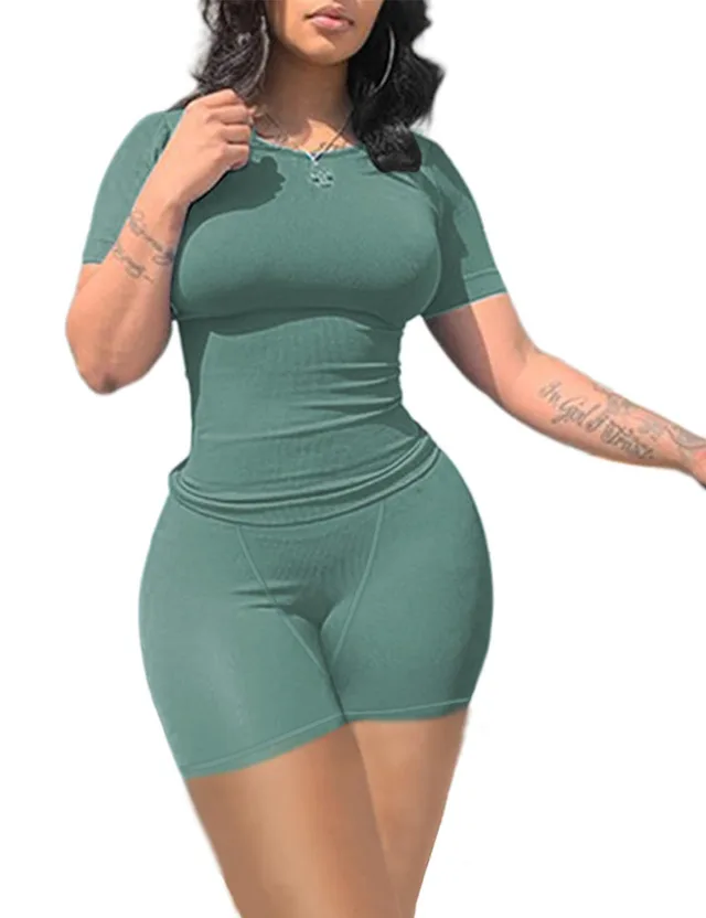 Women's Solid Color Slim fit Short sleeved Shorts Suit Short Grey Green - Shop at LoveMi
