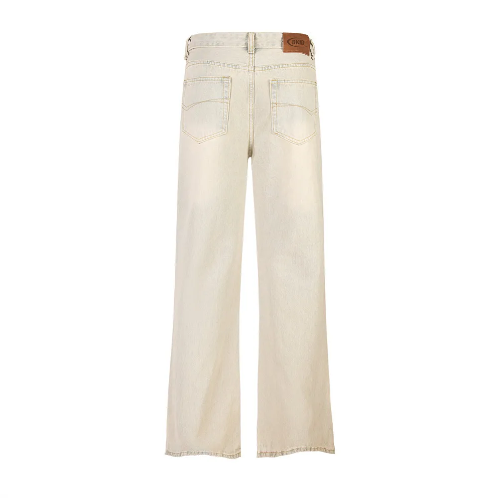 Punk Wash Denim Distressed Straight leg Trousers Street Fashion Retro Apricot - Shop at LoveMi