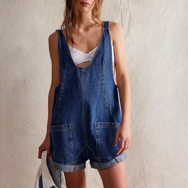 Pocket Sling Adjustable Strap Wash Cowboy Siamese Shorts Dark Blue - Shop at LoveMi