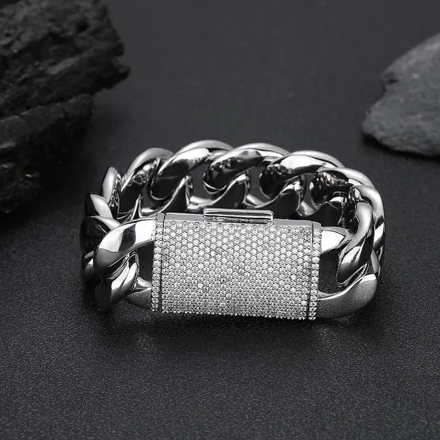 Hip Hop Ear Accessories Zircon Flip Buckle Glossy Cuban Bracelet Platinum - Shop at LoveMi