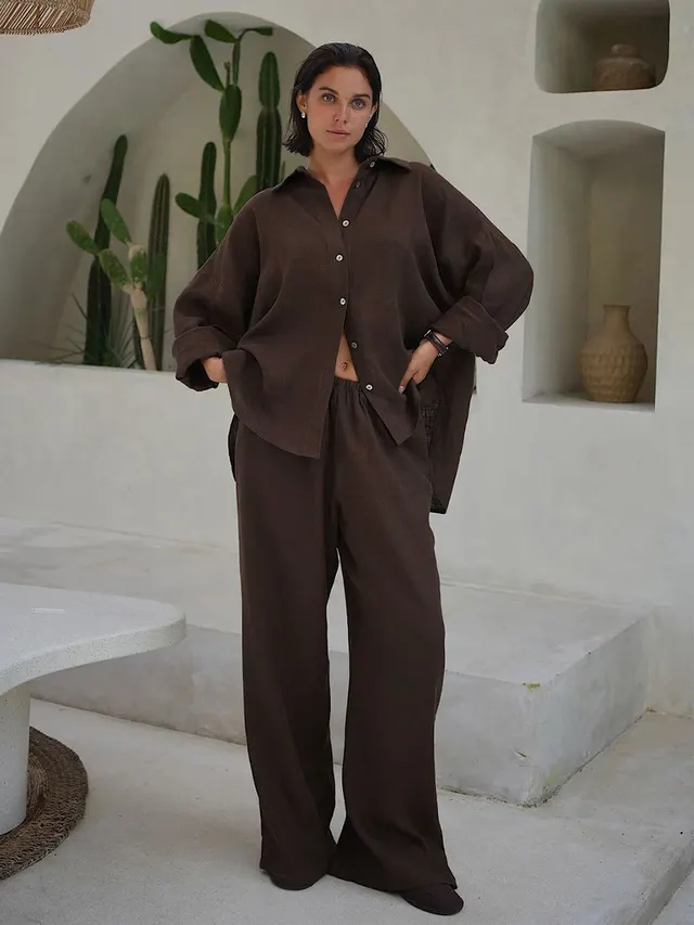 Casual Solid Color Cotton Knitted Pants Suit Brown - Shop at LoveMi