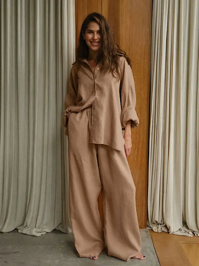 Casual Solid Color Cotton Knitted Pants Suit Khaki - Shop at LoveMi
