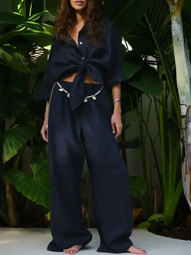 Casual Solid Color Cotton Knitted Pants Suit Navy Blue - Shop at LoveMi