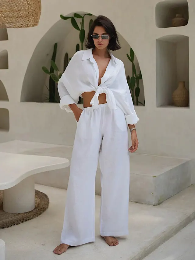 Casual Solid Color Cotton Knitted Pants Suit White - Shop at LoveMi