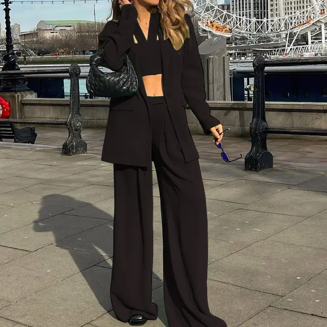 Long Sleeve Suit Coat Casual Trousers Set Three piece Set Black - Shop at LoveMi