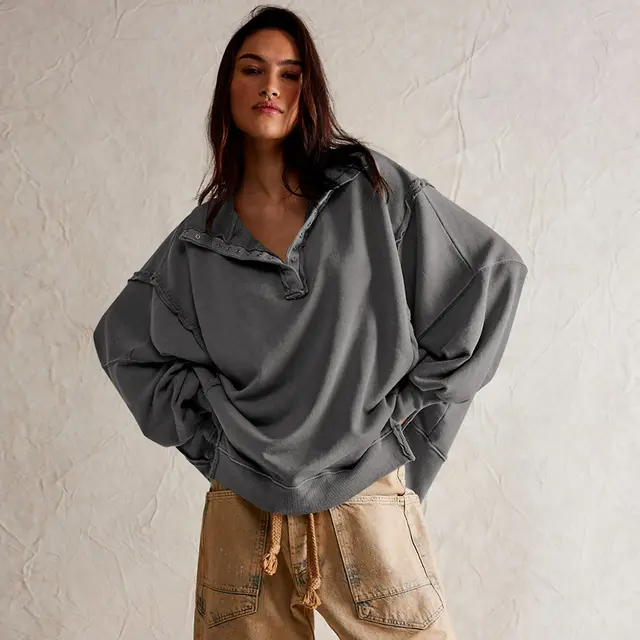 Women's Lantern Sleeve Decorative Moulding Split Lapel Sweater Gray - Shop at LoveMi