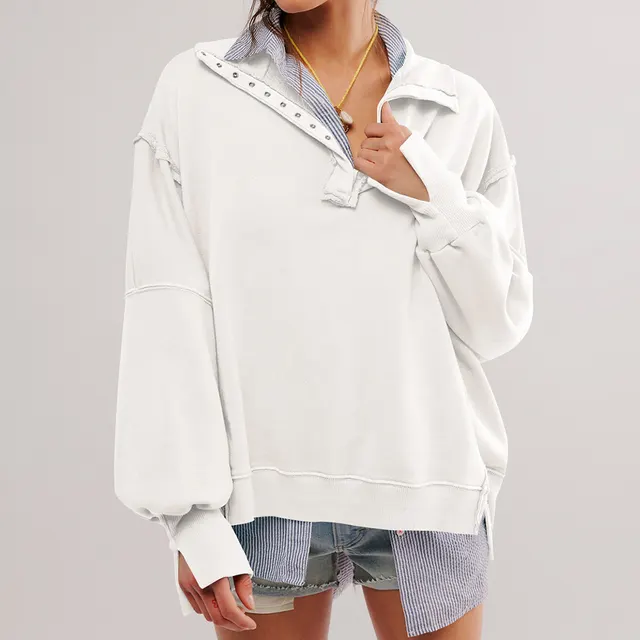 Women's Lantern Sleeve Decorative Moulding Split Lapel Sweater White - Shop at LoveMi