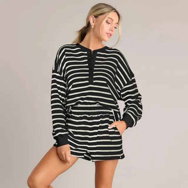 Comfort And Casual Women's Long Sleeve Striped Collar Decorated With Buttons Shorts Suit Black And Apricot - Shop at LoveMi