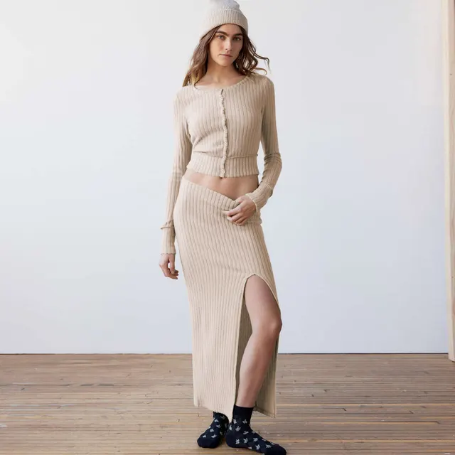 Women's Long sleeve Shirt Split Dress Suit Khaki - Shop at LoveMi